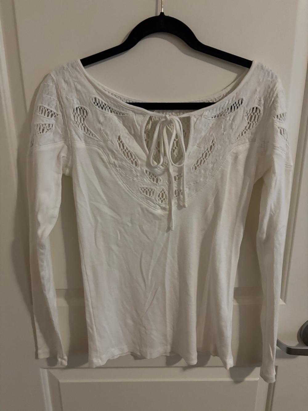 Free People With Love Crochet Tee Thermal Tie Neck Bodycon Blouse Top, Large